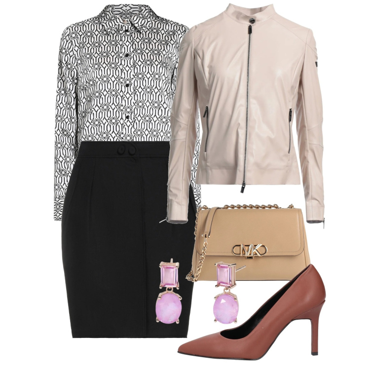 Outfit donna - Raffinata in camicia e tubino. Stile Chic per Ufficio. Abbinamento con décolleté, minigonne, blazer, borse a tracolla, orecchini, camicie.