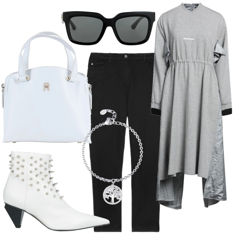 Outfit donna - Borchie e felpa. Stile Rock per Tutti i giorni. Abbinamento con stivaletti, felpe, borse a mano, occhiali da sole, braccialetti con ciondoli, jeans skinny.