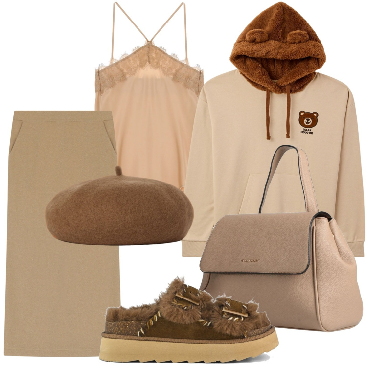 Outfit donna - Mocha Mousse. Stile Casual chic per Tutti i giorni. Abbinamento con zaini, felpe con cappuccio, top, gonne lunghe, sandali, cappelli e berretti.