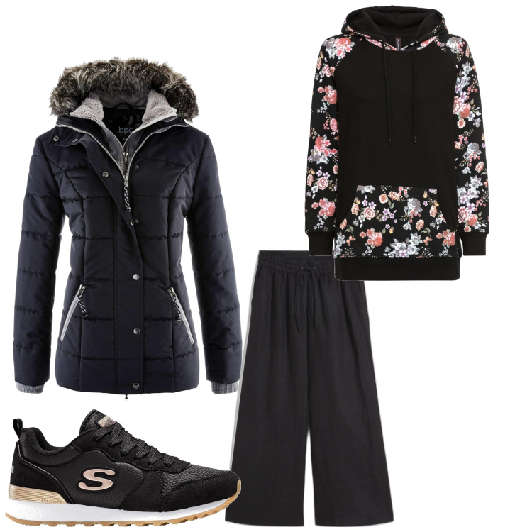 Outfit donna - Voglia di fiori. Stile Casual per Tutti i giorni. Abbinamento con piumini, sneakers, felpe con cappuccio, pantaloni a palazzo.