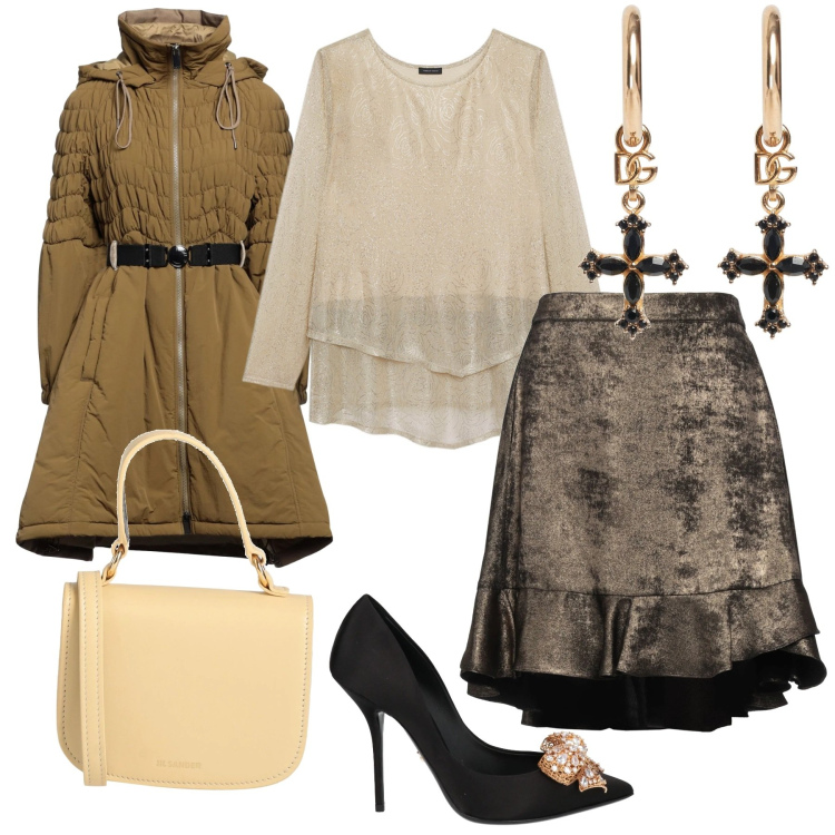 Outfit donna - Bronzo. Stile Casual chic per Serata fuori. Abbinamento con minigonne, cappotti, décolleté, borse a mano, t-shirt, orecchini.