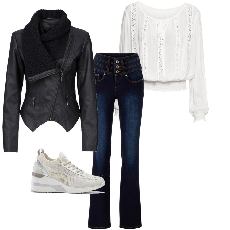 Outfit donna - Gli essenziali!. Stile Casual per Tutti i giorni. Abbinamento con blazer, jeans bootcut, sneakers, bluse.