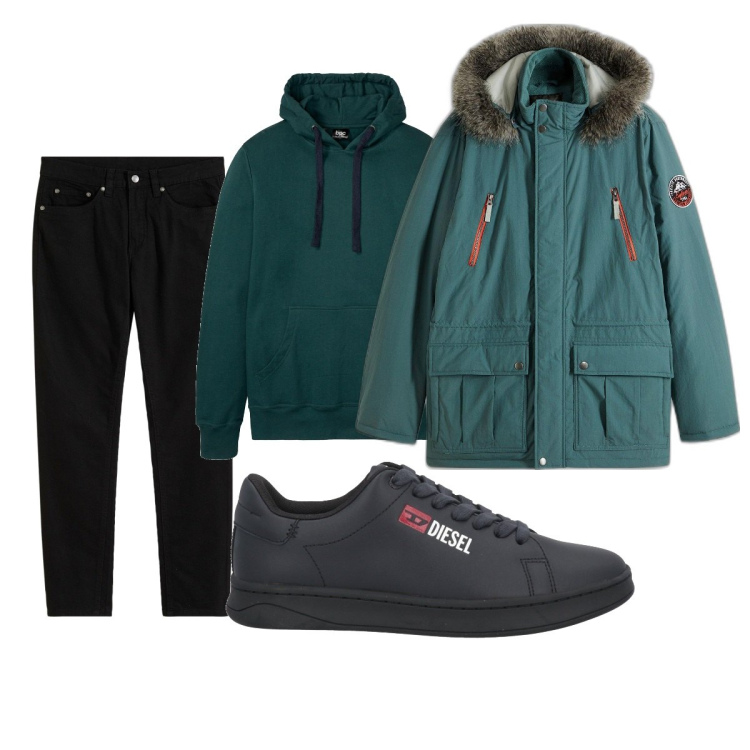Outfit uomo - Total look #2050199. Stile Casual per Tutti i giorni. Abbinamento con jeans slim fit, felpe con cappuccio, parka, sneakers.