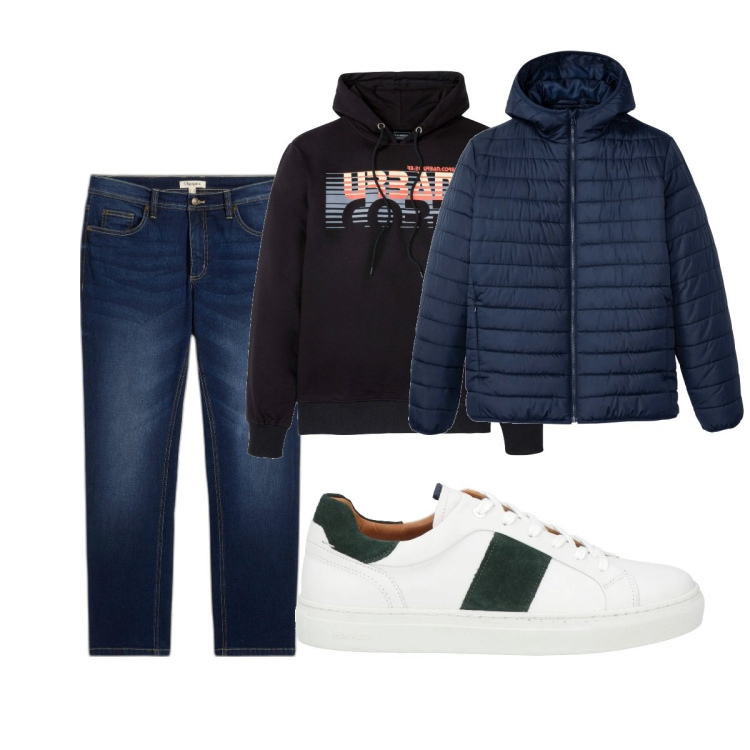 Outfit uomo - Total look #2050208. Stile Casual per Tutti i giorni. Abbinamento con jeans dritti, giacche, felpe con cappuccio, sneakers.