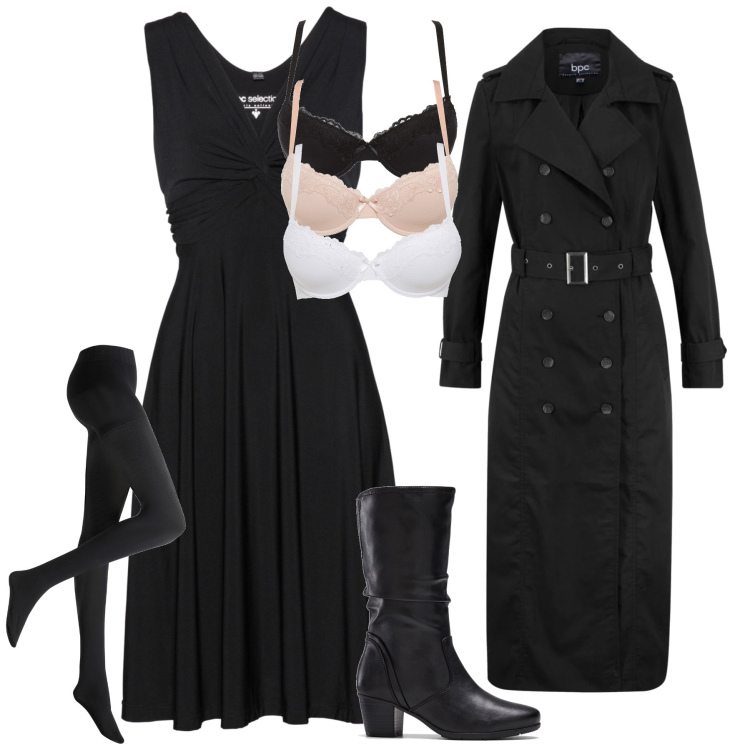 Outfit donna - Serata piovosa ma Bonprix. Stile Glamour per Serata fuori. Abbinamento con vestiti, reggiseni, stivali, trench, collant.