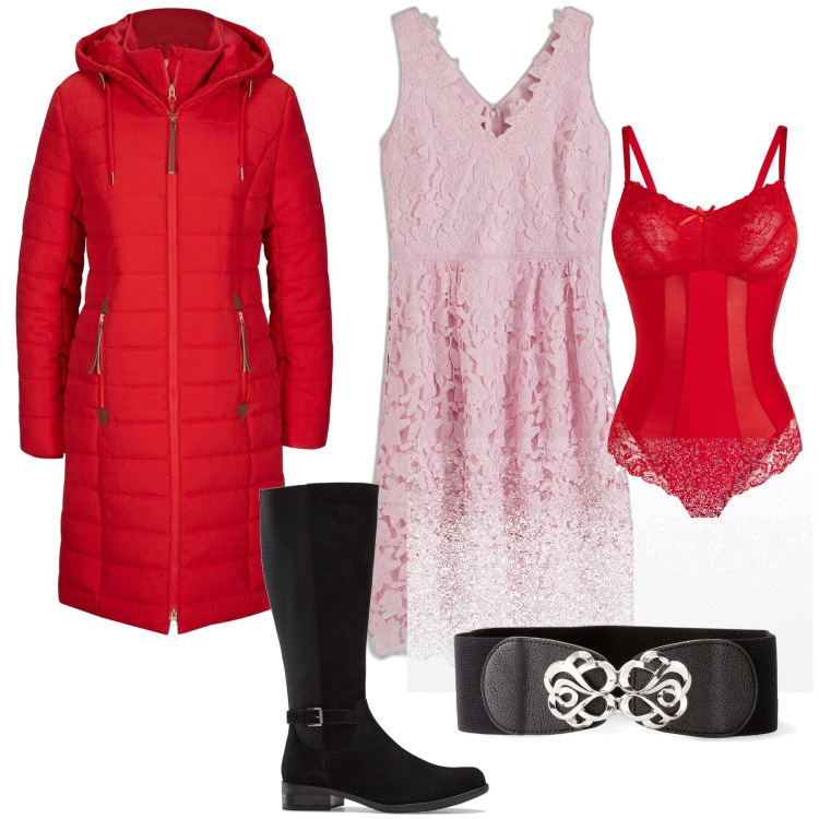 Outfit donna - San Valentino pink red e un tocco black. Stile Bon Ton per Serata fuori. Abbinamento con blazer, cinture, stivali, vestiti, body.