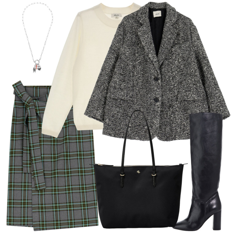 Outfit donna - La gonna col fiocco. Stile Casual chic per Scuola/Università. Abbinamento con stivali, ciondoli, gonne longuette, blazer, maglieria, borse tote.
