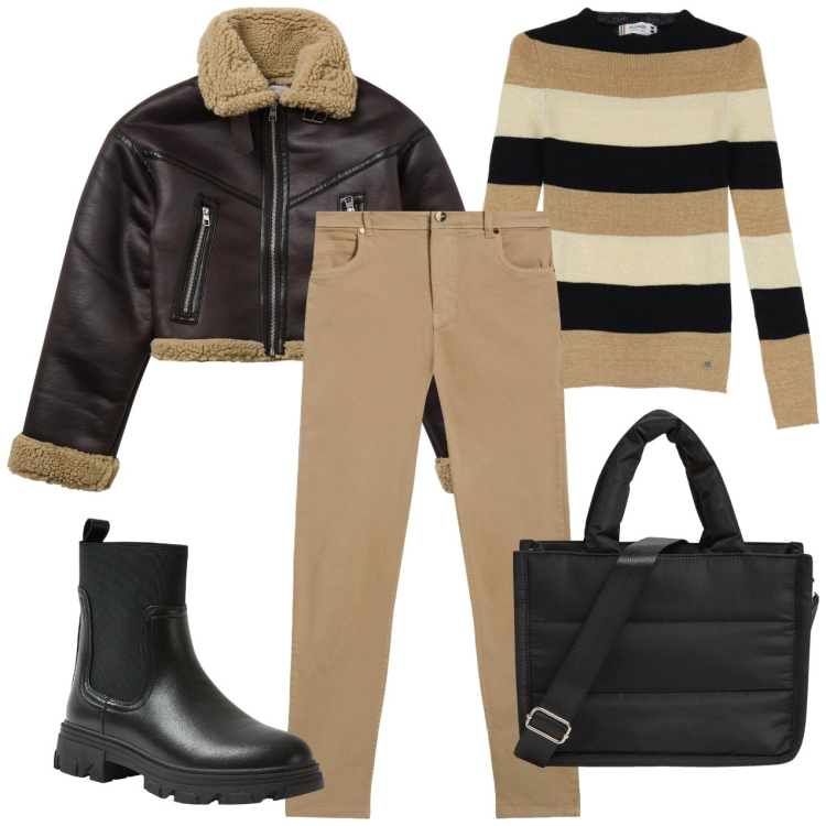 Outfit donna - Crema e cioccolato. Stile Casual per Scuola/Università. Abbinamento con shopping bag, stivaletti chelsea, blazer, pullovers, pantaloni skinny.