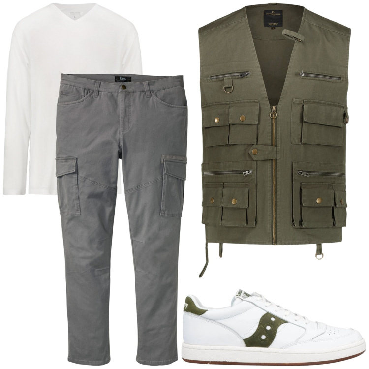 Outfit uomo - Total look #2050235. Stile Casual per Tutti i giorni. Abbinamento con sneakers, pantaloni cargo, gilet, t-shirt.