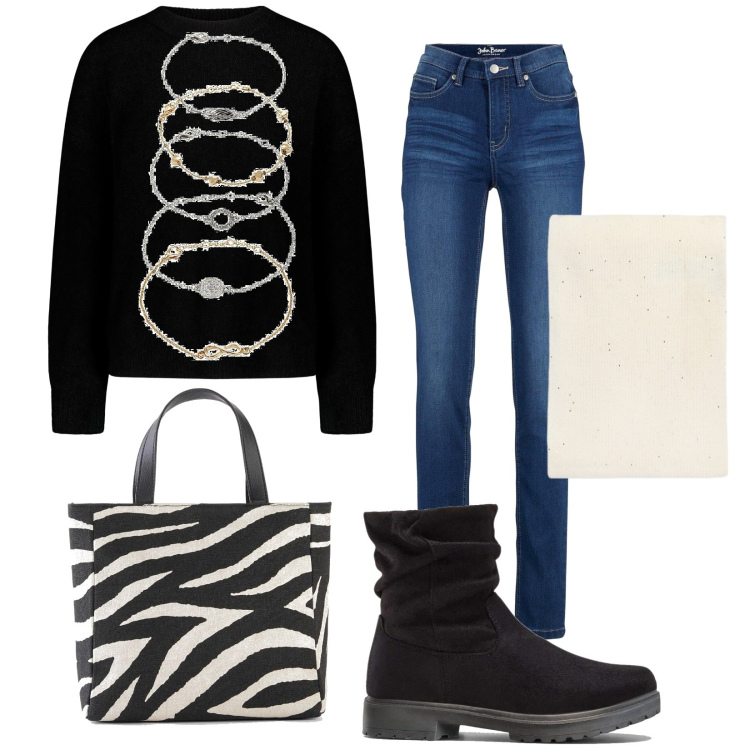 Outfit donna - Total look #2050239. Stile Urban per Tutti i giorni. Abbinamento con jeans slim fit, borse a mano, braccialetti con ciondoli, stivaletti, maglieria, sciarpe.