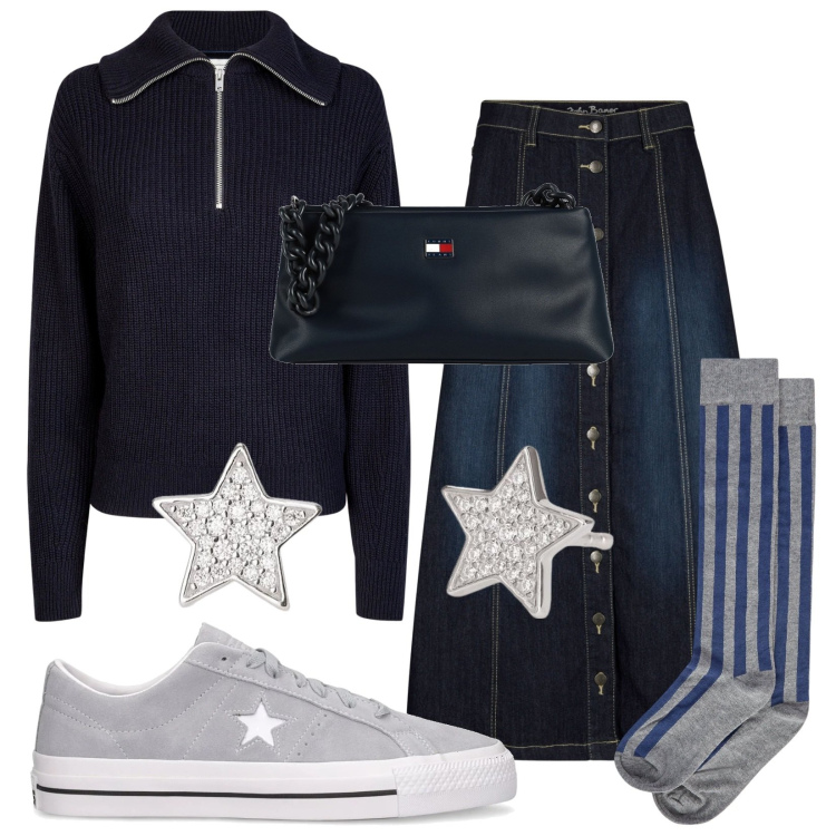 Outfit donna - Blu e grigio. Stile Trendy per Tutti i giorni. Abbinamento con gonne longuette, borse a mano, orecchini, collant, sneakers, polo.