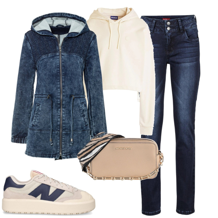 Outfit donna - Total look #2050250. Stile Casual per Tutti i giorni. Abbinamento con parka, jeans, borse a tracolla, felpe con cappuccio, sneakers.