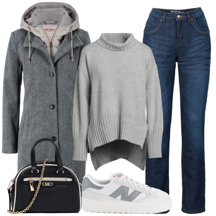 Outfit donna - City. Stile Urban per Tutti i giorni. Abbinamento con jeans dritti, cappotti, borse a mano, sneakers, maglieria.