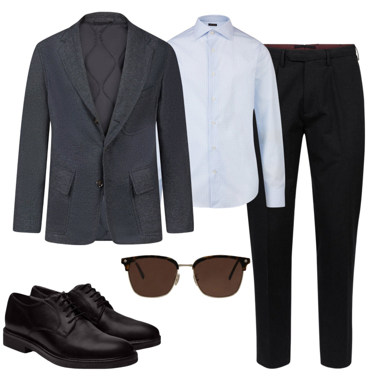 Outfit uomo - City. Stile Business/Elegante per Tutti i giorni. Abbinamento con occhiali da sole, scarpe stringate, giacche, pantaloni, camicie.