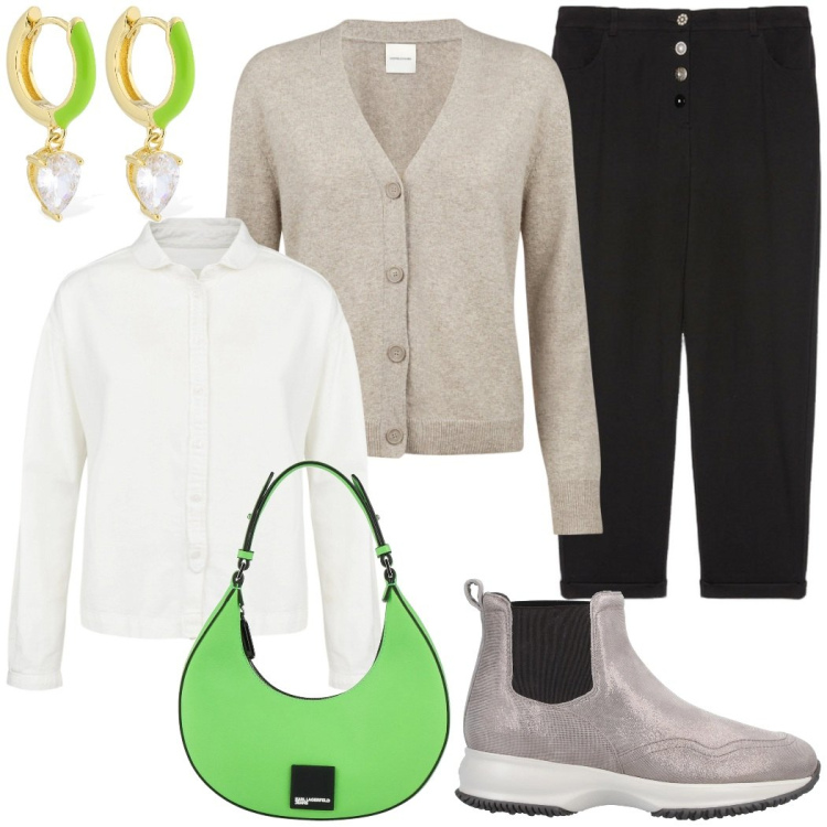 Outfit donna - Casual chic per l\'ufficio. Stile Casual chic per Ufficio. Abbinamento con stivaletti, borse a mano, cardigans, pantaloni, camicie, orecchini.