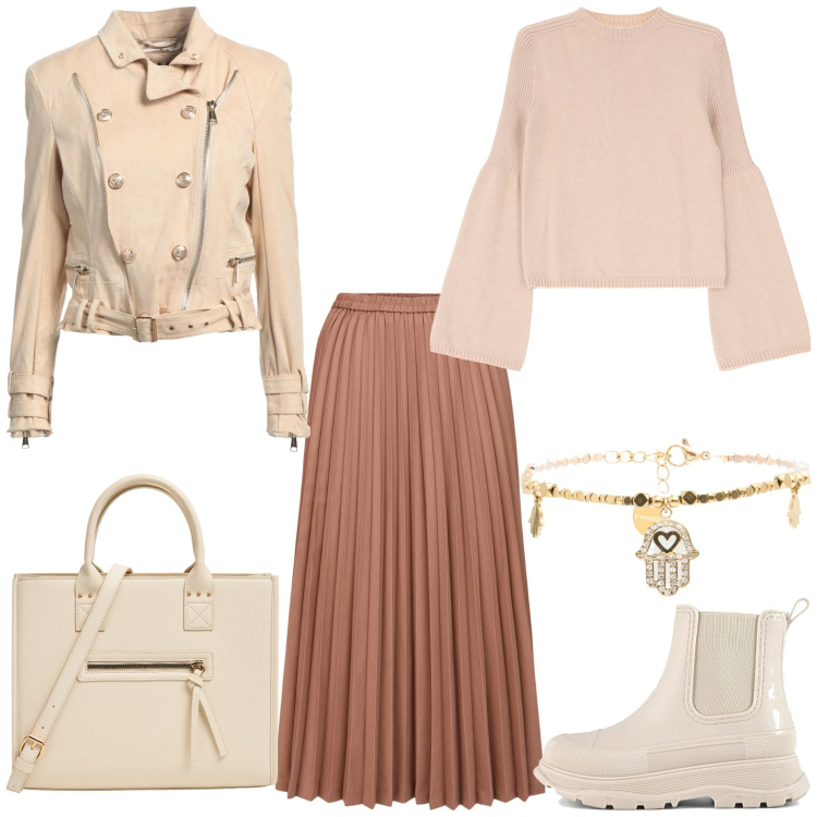 Outfit donna - Pantone 2025. Stile Glamour per Tutti i giorni. Abbinamento con blazer, shopping bag, maglieria, braccialetti, stivali, minigonne.
