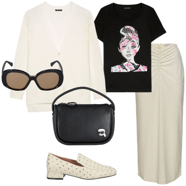 Outfit donna - Comoda. per Tutti i giorni. Abbinamento con mocassini, borse a mano, gonne longuette, occhiali da sole, t-shirt, cardigans.