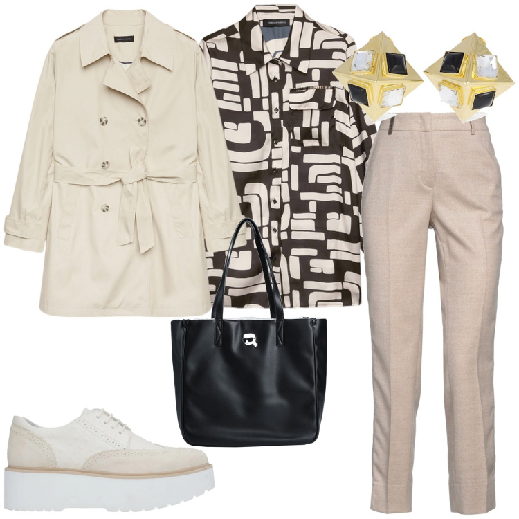 Outfit donna - Per tutti i giorni. per Tutti i giorni. Abbinamento con scarpe stringate, borse a mano, pantaloni, camicie, trench, orecchini.