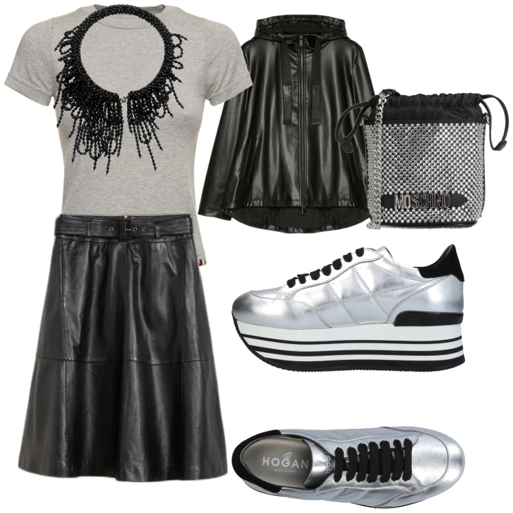 Outfit donna - Stasera esco così. per Serata fuori. Abbinamento con gonne, sneakers, borse a secchiello, blazer, t-shirt, collane.