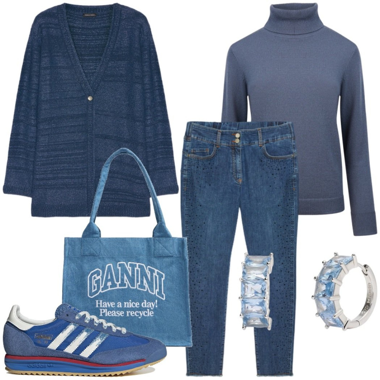 Outfit donna - Tutto blu. Stile Casual chic per Tutti i giorni. Abbinamento con orecchini, maglieria, cardigans, sneakers, jeans skinny, shopping bag.