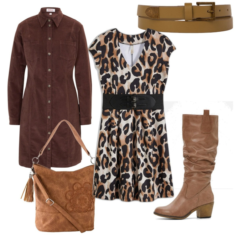 Outfit donna - Total look #2050314. Stile Trendy per Tutti i giorni. Abbinamento con stivali, vestiti, borse a mano, vestiti midi/longuette, cinture.