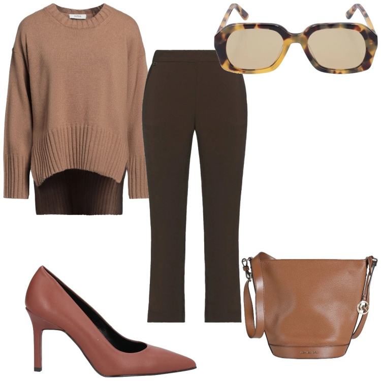 Outfit donna - Total look #2050316. Stile Trendy per Tutti i giorni. Abbinamento con décolleté, pantaloni, pullovers, borse a spalla, occhiali da sole.