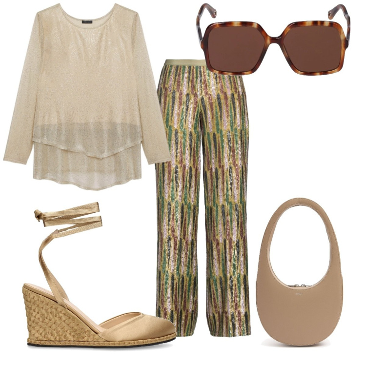 Outfit donna - Total look #2050319. Stile Trendy per Tutti i giorni. Abbinamento con pantaloni, t-shirt, occhiali da sole, zeppe, borse a spalla.
