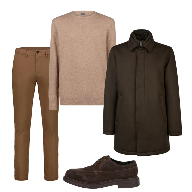 Outfit uomo - Total look. Stile Casual per Tutti i giorni. Abbinamento con maglieria, pantaloni chino, cappotti, scarpe stringate.