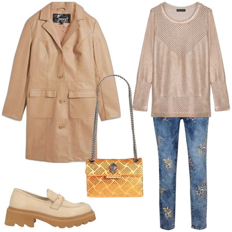 Outfit donna - Splendida dorata oggi. Stile Casual chic per Tutti i giorni. Abbinamento con jeans, blazer, mocassini, borse a spalla, maglieria.