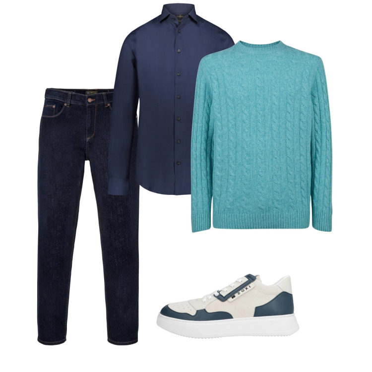 Outfit uomo - Total look city. Stile Casual per Tutti i giorni. Abbinamento con jeans dritti, sneakers, camicie, maglieria.
