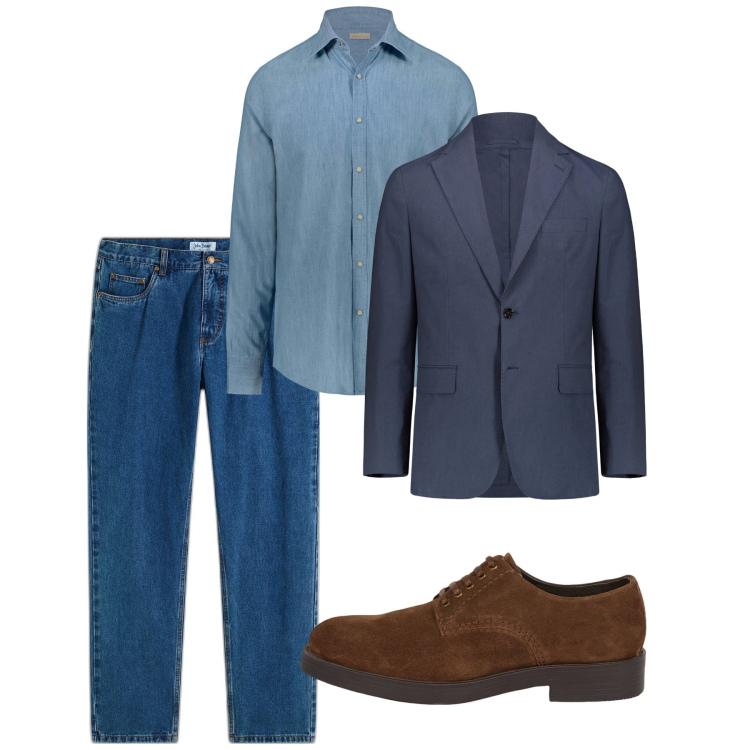 Outfit uomo - Total look city. Stile Casual per Tutti i giorni. Abbinamento con jeans dritti, giacche, camicie, scarpe stringate.