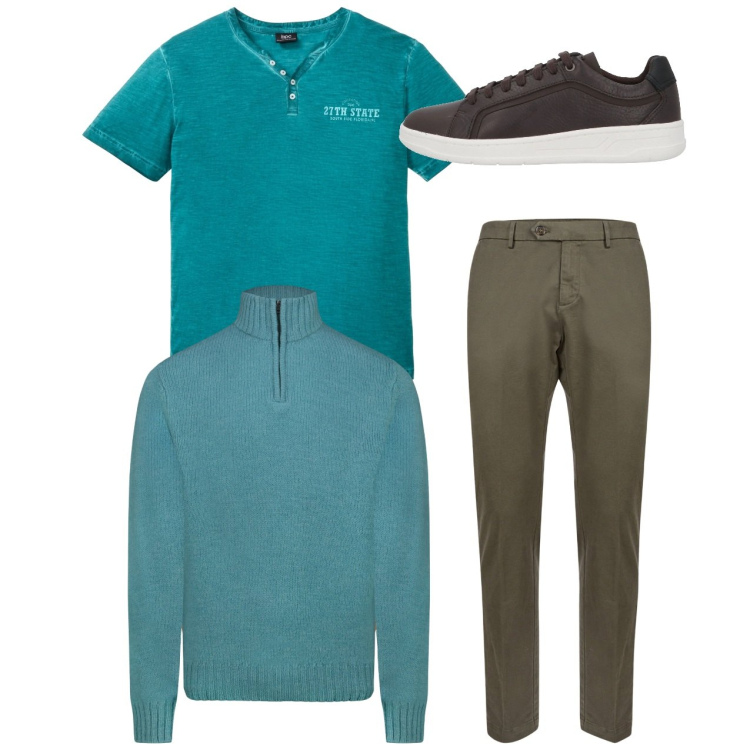 Outfit uomo - City. Stile Casual per Tutti i giorni. Abbinamento con t-shirt, sneakers, pantaloni chino, maglieria.