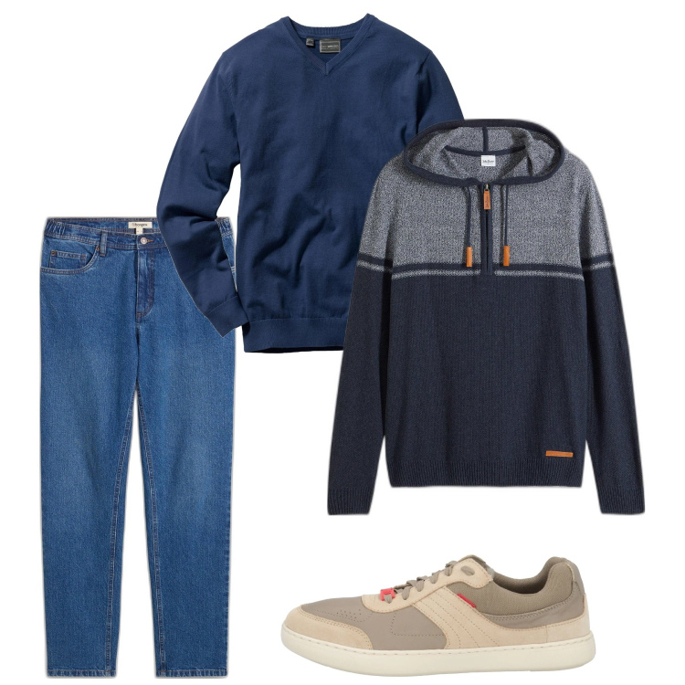 Outfit uomo - Total look city. Stile Casual per Tutti i giorni. Abbinamento con maglieria, jeans dritti, maglieria, sneakers.