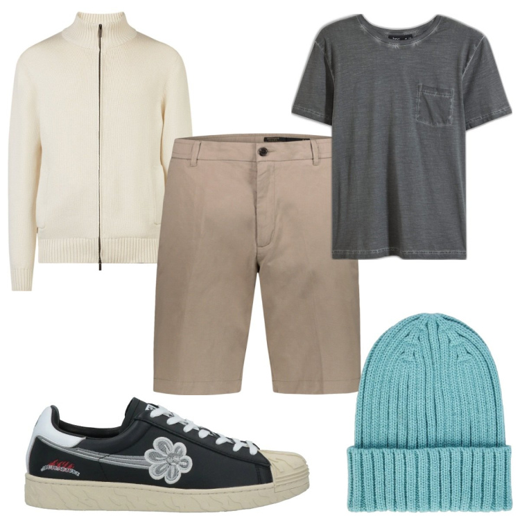 Outfit uomo - Total look #2050376. Stile Trendy per Tutti i giorni. Abbinamento con t-shirt, sneakers, berretti, bermuda, cardigans.