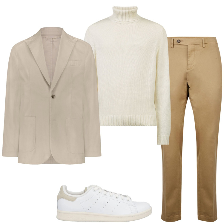 Outfit uomo - Chiaro in ufficio. Stile Casual per Ufficio. Abbinamento con sneakers, giacche, pantaloni chino, maglieria.