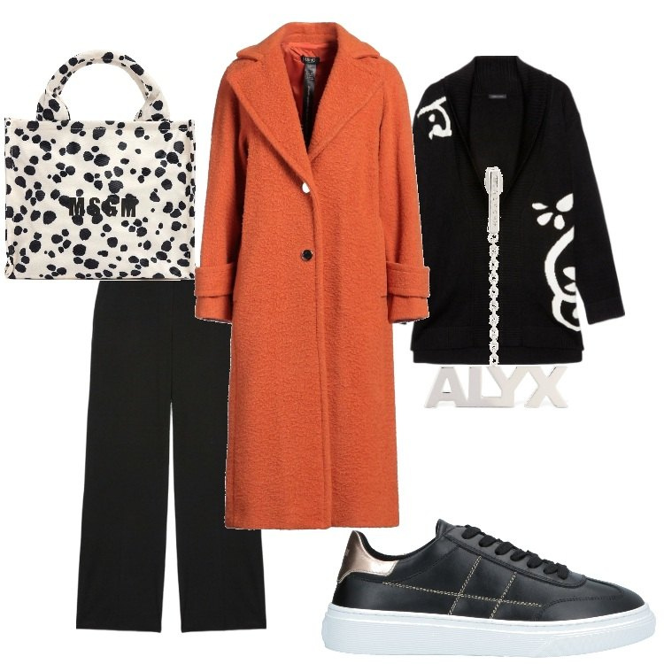 Outfit donna - Alyx nel paese delle meraviglie. Stile Casual chic per Ufficio. Abbinamento con cappotti, sneakers, cardigans, orecchini, shopping bag, pantaloni a palazzo.