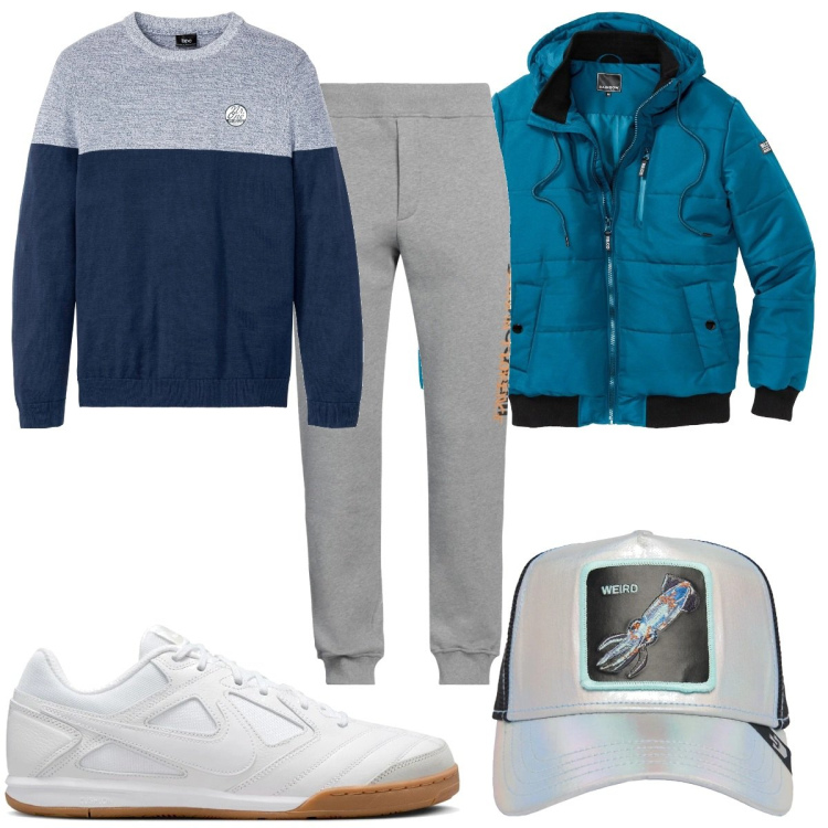 Outfit uomo - Total look #2050388. Stile Trendy per Sport. Abbinamento con bomber, t-shirt sportive, pantaloni, sneakers, cappelli.