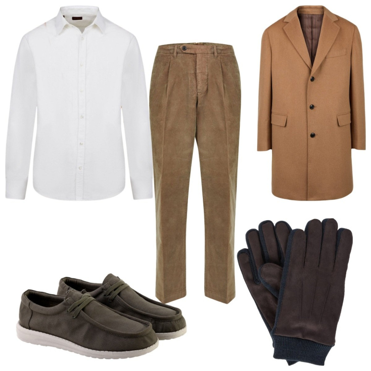 Outfit uomo - Total look #2050389. Stile Casual per Tutti i giorni. Abbinamento con pantaloni, cappotti, scarpe stringate, camicie, guanti.