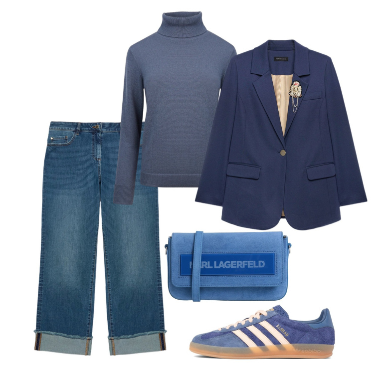 Outfit donna - All that blue. Stile Casual chic per Tutti i giorni. Abbinamento con borse a tracolla, maglieria, sneakers, blazer, jeans dritti.