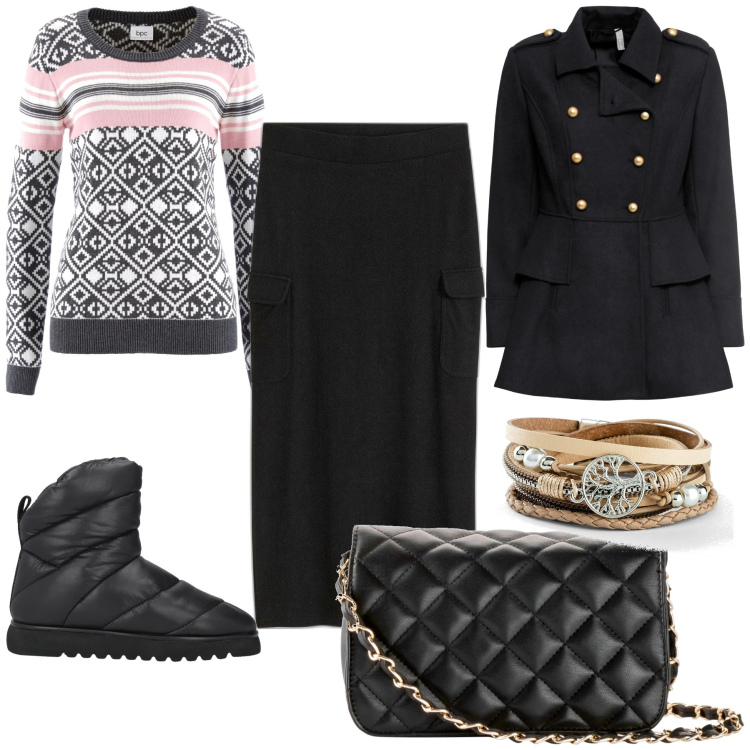 Outfit donna - Maglioncino invernale. Stile Urban per Tutti i giorni. Abbinamento con borse a tracolla, braccialetti, maglieria, gonne, cappotti, stivaletti.