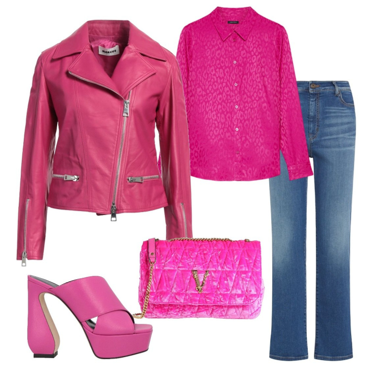 Outfit donna - Rosa ebbasta. Stile Casual chic per Serata fuori. Abbinamento con blazer, sandali in pelle, borse a tracolla, camicie, jeans dritti.