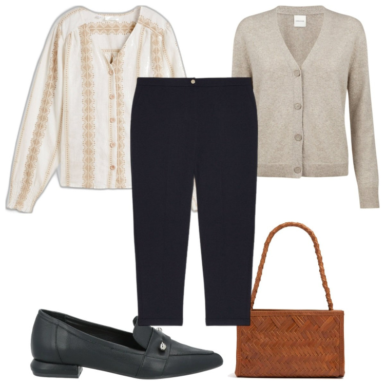Outfit donna - Total look #2050396. Stile Mannish per Tutti i giorni. Abbinamento con camicie, mocassini, cardigans, pantaloni, borse a mano.