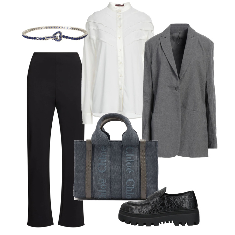 Outfit donna - Chic mannish. Stile Mannish per Tutti i giorni. Abbinamento con camicie, blazer, mocassini, braccialetti, pantaloni, borse a mano.