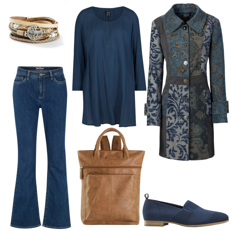 Outfit donna - Tendenza boho. Stile Boho per Tutti i giorni. Abbinamento con cappotti, jeans bootcut, tuniche, zaini, braccialetti, mocassini.