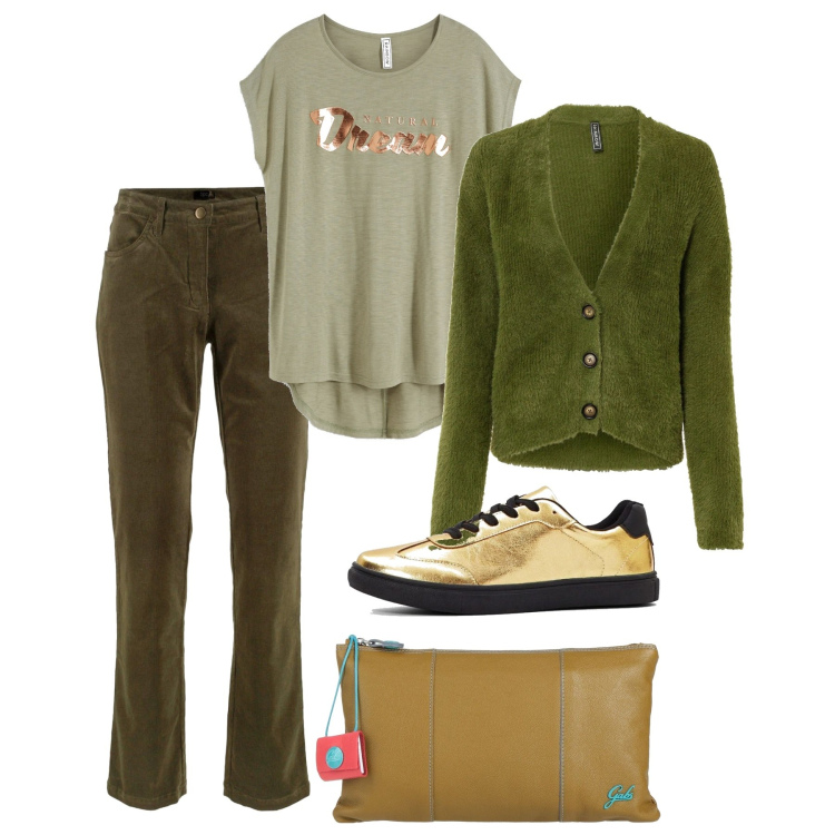 Outfit donna - Tocchi dorati. Stile Basic per Tutti i giorni. Abbinamento con borse a mano, maglieria, cardigans, pantaloni, sneakers.