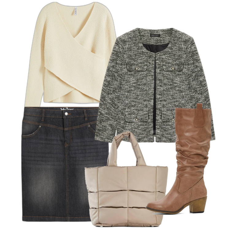 Outfit donna - Incrociatina e melange. Stile Chic per Tutti i giorni. Abbinamento con stivali, gonne, maglieria, borse a mano, blazer.