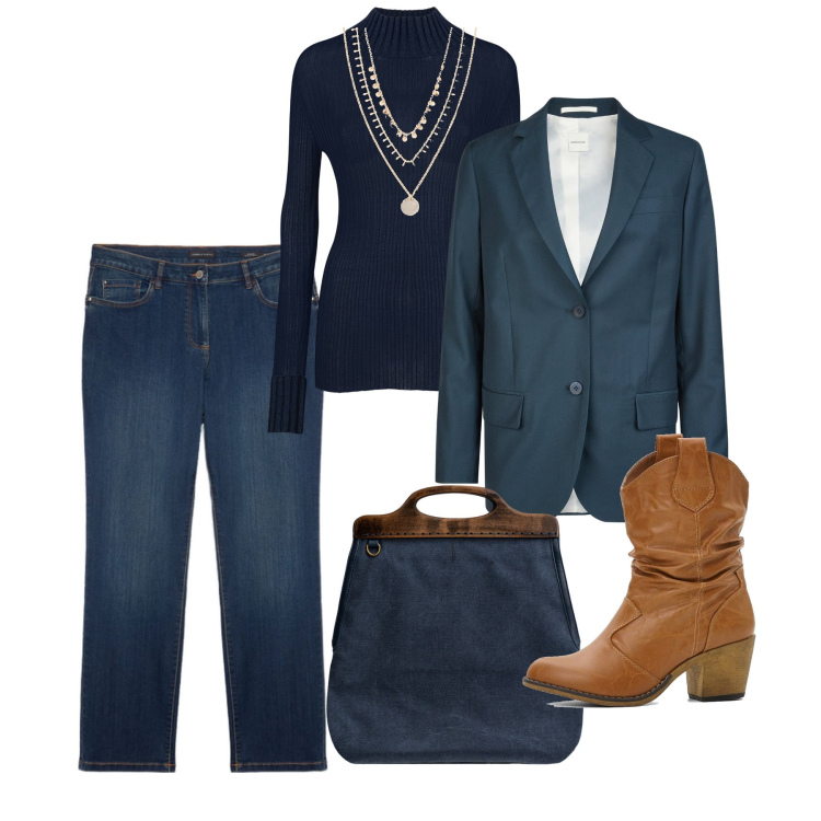 Outfit donna - Tocco chic su mannish style. Stile Mannish per Tutti i giorni. Abbinamento con stivaletti texani, collane, maglieria, blazer, jeans dritti, borse a tracolla.