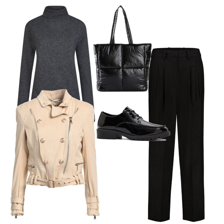 Outfit donna - Rigorosa. Stile Mannish per Ufficio. Abbinamento con blazer, shopping bag, scarpe stringate, pantaloni, maglieria.
