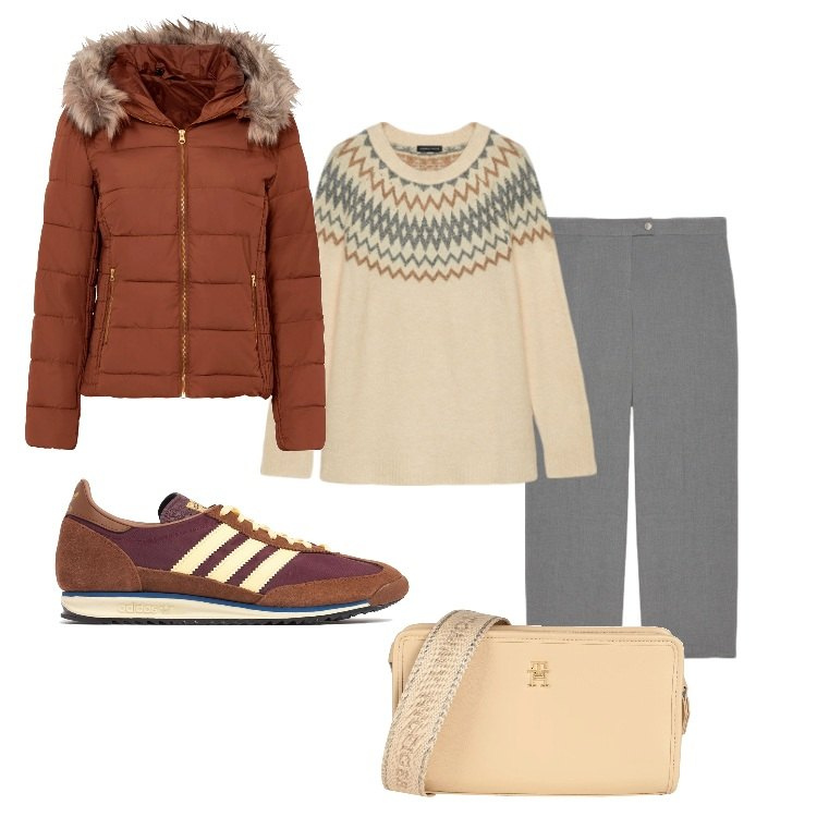 Outfit donna - In giro per il Central Park. Stile Urban per Tutti i giorni. Abbinamento con giacche, borse a tracolla, pantaloni a palazzo, maglieria, sneakers.