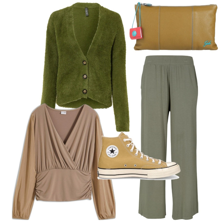 Outfit donna - A casa di amici. Stile Casual per Tutti i giorni. Abbinamento con pantaloni, cardigans, maglieria, borse a mano, sneakers.
